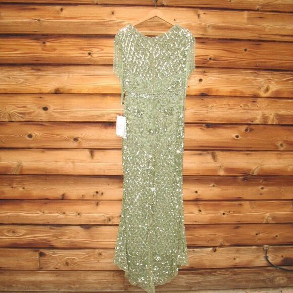 MAC DUGGAL 4908 Green High Neck Sleeveless Beaded Fringe Fitted Gown - Picture 9 of 12